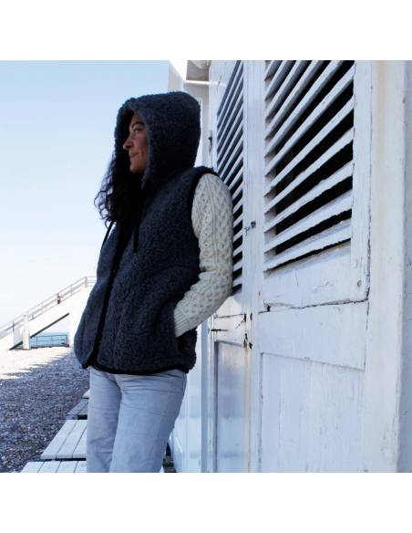 Gilet Veste pure laine avec capuche et fermeture ZIP gris hiver froid 
