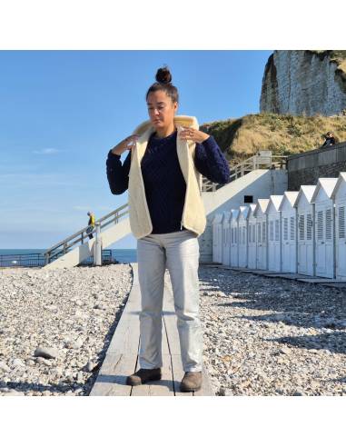 veste moumoute en pure laine écrue avec capuche et fermeture ZIP