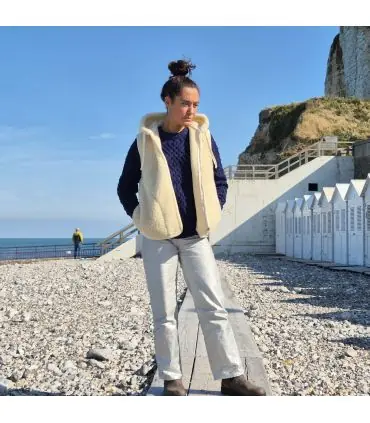 Veste sans manches hiver en pure laine avec capuche et fermeture ZIP