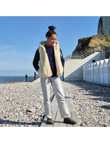 gilet veste chaud grand froid en pure laine avec capuche et fermeture ZIP blanc ecru 