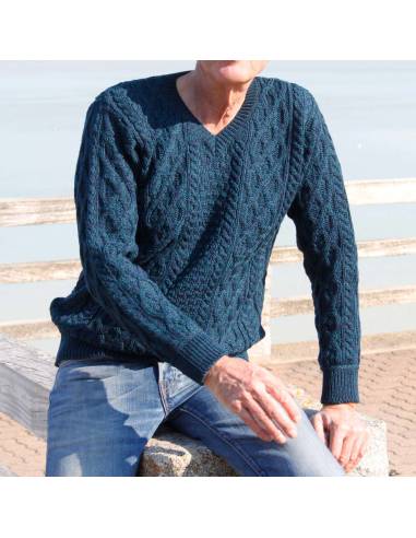 Men's Irish jumper pure merino wool warm V-neck large knit twists