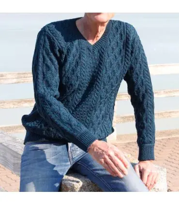 Pull irlandais Homme pure laine mérinos chaud col V bleu nuit