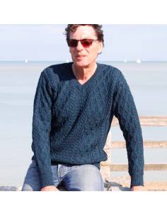 Men's Irish jumper pure merino wool warm V-neck large knit twists