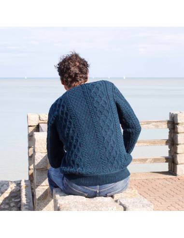 Pull irlandais Homme pure laine mérinos chaud col V grosses mailles torsades bleu vert chiné 