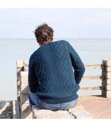 Pull irlandais Homme pure laine mérinos chaud col V grosses mailles torsades bleu vert chiné 