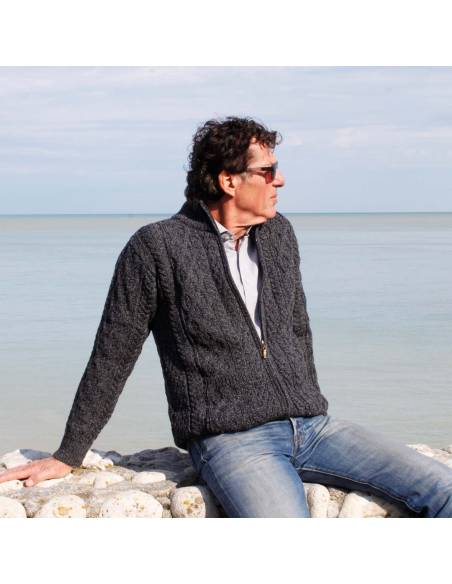 Jersey de lana Aran con media cremallera para hombre en merinowool puro