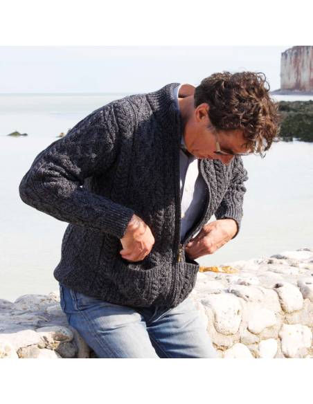 Herren Aran Wollpullover mit halbem Reißverschluss aus reiner Merinowolle