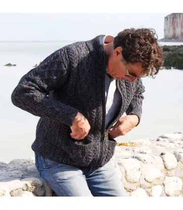 Men's Half Zip Aran Wool Sweater in pure merinowool