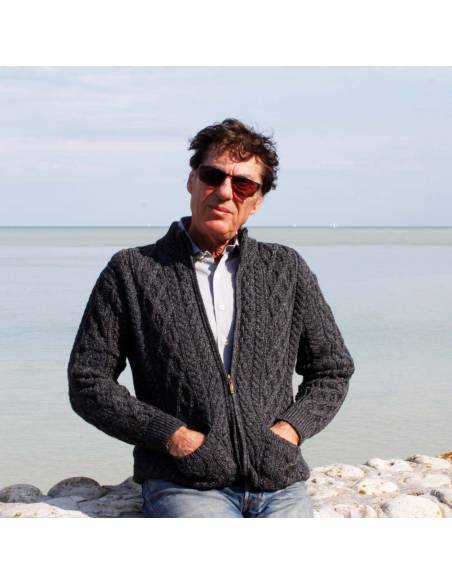 Jersey de lana Aran con media cremallera para hombre en merinowool puro