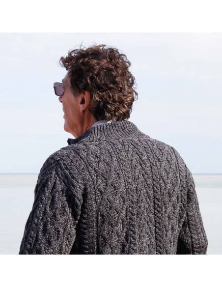 Herren Aran Wollpullover mit halbem Reißverschluss aus reiner Merinowolle