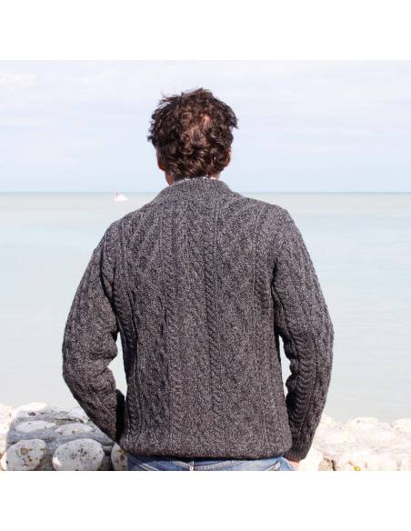 Herren Aran Wollpullover mit halbem Reißverschluss aus reiner Merinowolle