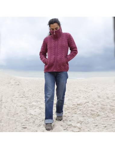 Cárdigan de mujer con cremallera y doble cuello en pura lana de merino