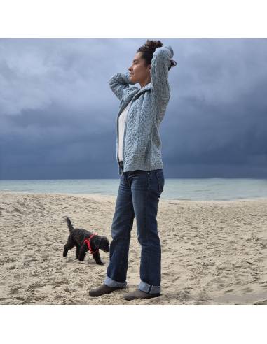 Cárdigan de mujer con cremallera y doble cuello en pura lana de merino