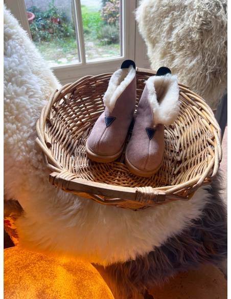 Chaussons bicolore nubuck et peau de mouton Femme chauds et hauts en peau d'agneau