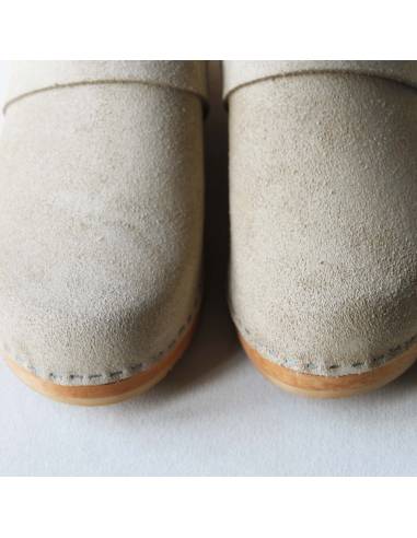 Sabots femme suédois en daim nubuck luxe et bois biege et ou taupe 