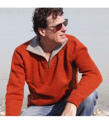 Pull Hommes grand froid en pure laine vierge col camionneur rouille orange still