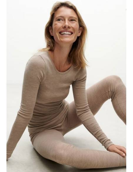 Maillot chaud femme col rond pure laine mérinos beige chiné