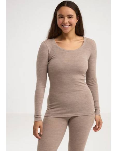 Maillot chaud femme col rond pure laine mérinos beige chiné