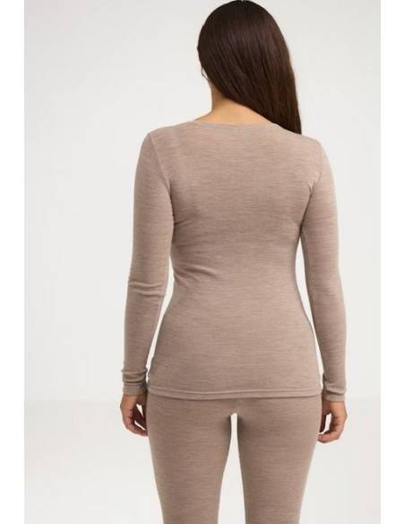 Maillot chaud femme col rond pure laine mérinos beige chiné