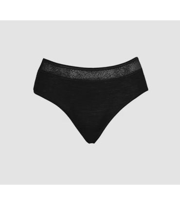 Schwarze halbhohe Unterhose aus Merinowolle mit Spitze