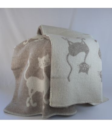 Plaid pure laine vierge motif chat dansant beige 