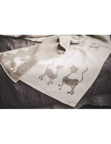 Plaid pure laine vierge motif chat dansant beige 