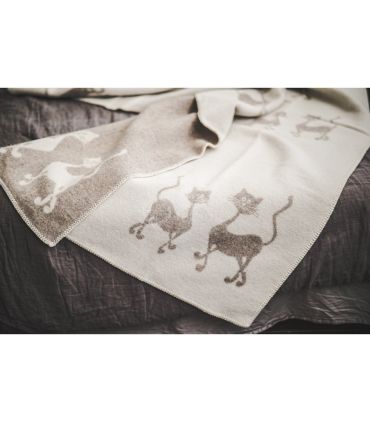 Plaid pure laine vierge motif chat dansant beige 