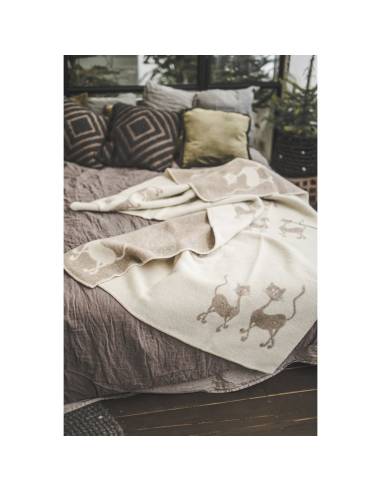 Plaid pure laine vierge motif chat dansant beige 