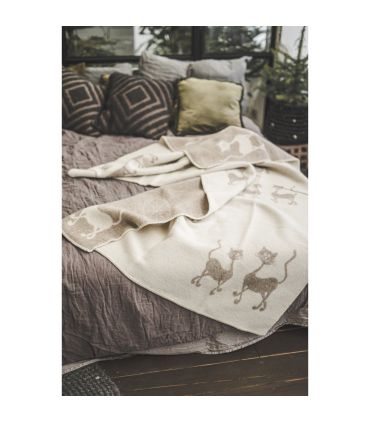 Plaid pure laine vierge motif chat dansant beige 