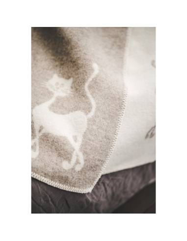 Plaid pure laine vierge motif chat dansant beige 