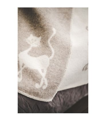 Plaid pure laine vierge motif chat dansant beige 