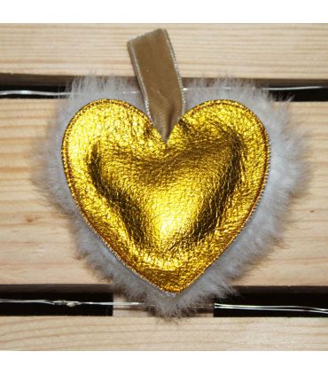 Coeur en cuir d'agneau et peau de mouton or métalisé et écru blanc 
