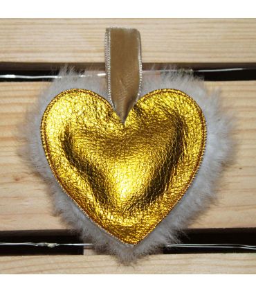 Coeur en cuir d'agneau et peau de mouton doré brillant et blanc écru 