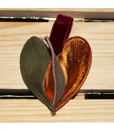 Coeur triple cuir d'agneau véritable kaki orange irisé et gris 