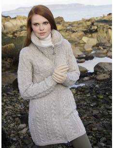 Veste femme chaude et longue en laine zip col dégueulant beige