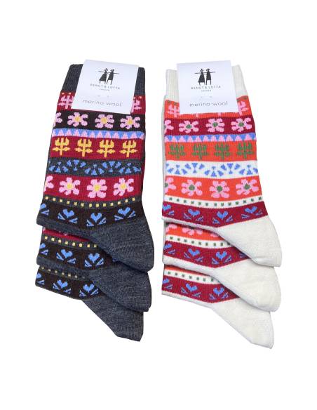 Chaussettes mérinos joie nordique de créateur fleurs colorées